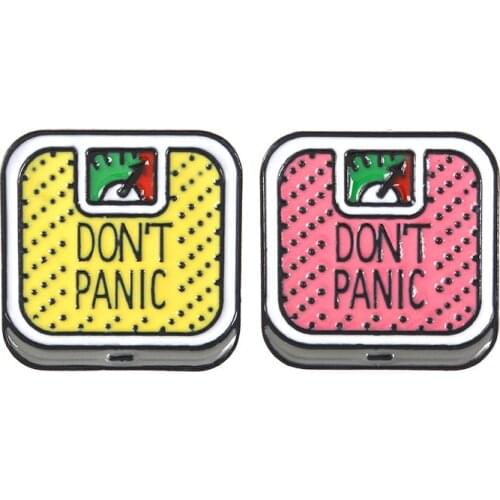 Don't Panic Pins The Hitchhikers Guide to the Galaxy Pink Yellow Body Weighing Scale Brooches Kawaii Badge Cute Jewelry