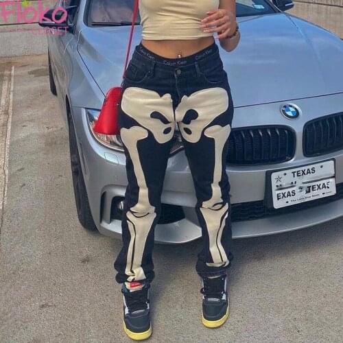 Flokocloset Sexy Women Low Waist Embroidered Denim Jeans Vintage Washed Skull Print Boyfriend Club Jeans Streetwear