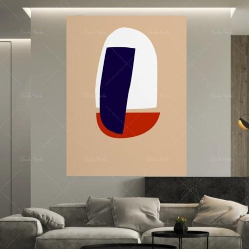 Bauhaus style composition digital print, abstract shapes mid century modern wall art, neutral, beige red and blue colors