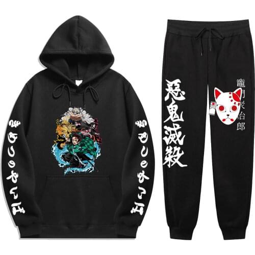 Anime Demon Slayer Winter Tracksuit 2 Piece Set Tanjiro Kamado Print Hoodies pants Sportwear men Suit Hooded Sweatshirt Harajuku