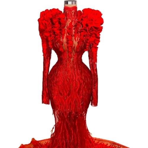 Red Evening Dresses Long Luxury 2020 robe longue soirée vestido de manga longa vestido High Neck largo fiesta noche elegante