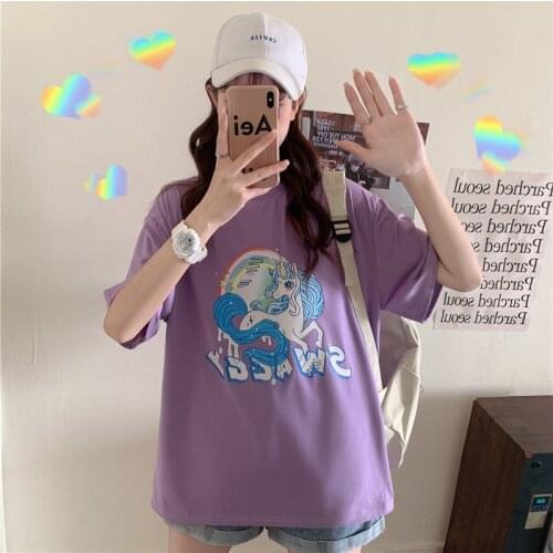 Summer college style cartoon print half-sleeved mid-length loose cotton T-shirt all-match casual women