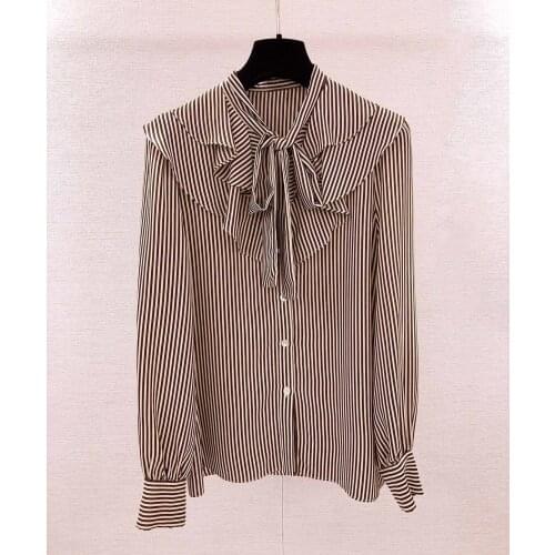 Fashion 2021 new ladies long sleeve sexy casual bow ruffle striped silk shirt 1019