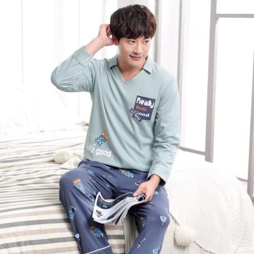 Men winter 2019 cotton new pajamas fashion turn down collar spring and autumn long sleeve trousers men pajama sets men sleepwear