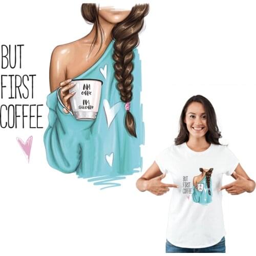 Coffee Girls Stickers On The Fabric Light Blue Stickers Fashion Iron On Clothes Diy Accessory Heat Transfer Patches For Clothing