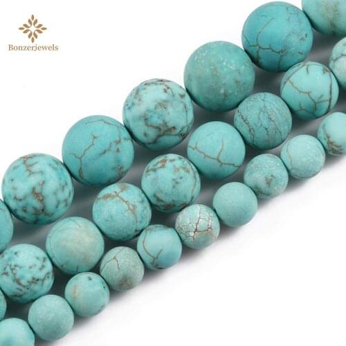Natural Dull Polish Matte Blue Turquoises Frosted Gem Stone Round Loose Beads For Jewelry Making Diy Bracelet Necklace