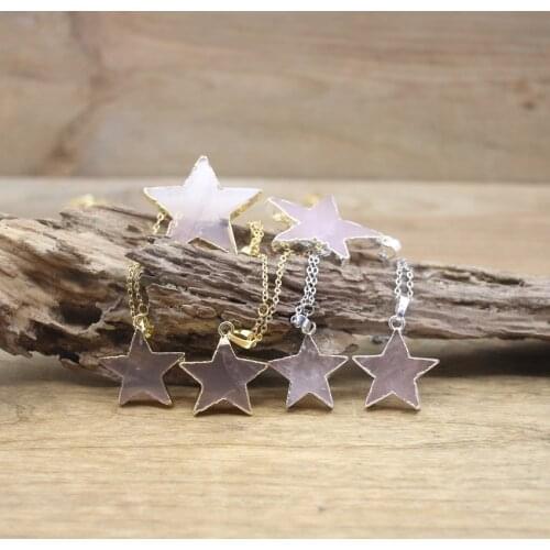 Natural Rose Quartzs Star Pendant Necklace,Healing Pink Crystal Star Charm Gold/Silvery Chains Women Jewelry Dropshipping,QC3088