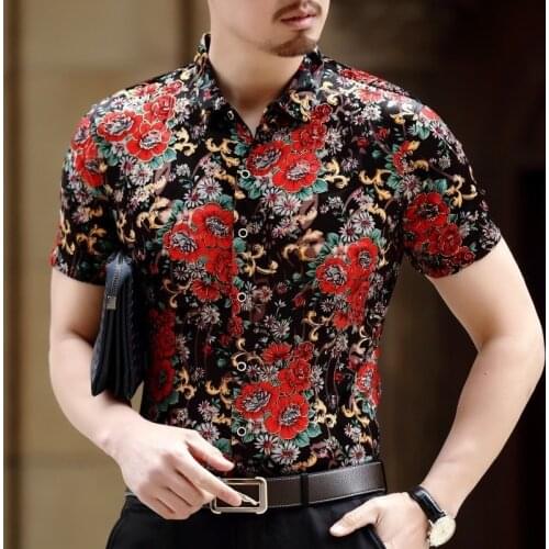 Chemise Homme Camicia Uomo Sexy Transparent Shirt Men Red New SummerShort Sleeve Slim Fit Rose Print Velvet Shirt Club Party