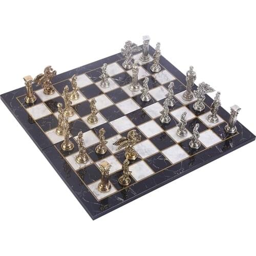 Mythologic Pegasus Figures Metal Chess Set for Adult, Handmade Pieces and Marble Design Wood Chess Board King 9.5cm