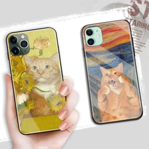 Brand New for iPhone XS max Case 11 pro max Glass Hark Back Cover Cat Oil Painting XR Case for iPhone 6 6s 7 8 Plus XS Max XR X