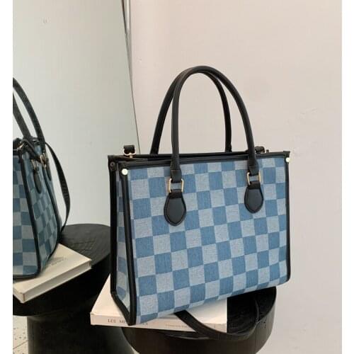 2021 Summer New Large-Capacity Trendy Fashion Simple Checkerboard Plaid Denim Brand WomenS Shoulder Crossbody Tote Handbag