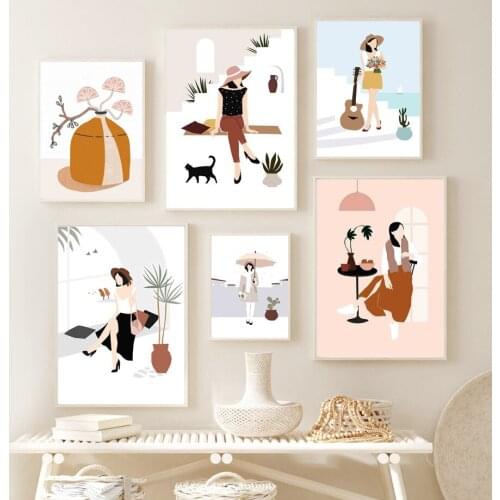 Bohemian Woman Cactus Guitar Plant Cat Wall Art Canvas Painting Nordic Posters And Prints Wall Pictures For Living Room Decor