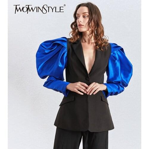 TWOTWINSTYLE Patchwork Hit Color Womens Blazers Puff Long Sleeve Notched Ruched Female Suits 2020 Autumn Fashion Tide Clothing