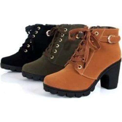 New Womens Winter Wear Ankle Boots High Heels Boots Plus Velvet Ladies 2019 Leather Womens Boots Ladies Shoes Women