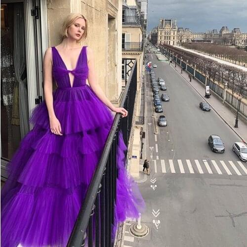 Real Image Purple Puffy Tulle Dress Sexy V Neck Ruffles Tiered Long Gowns For Formal Party Prom Sumer Dresses Robe De Soiree