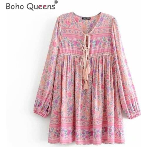 Boho Queens women pink floral print beach long Bohemian dresses mini Ladies Summer rayon happie vestidos