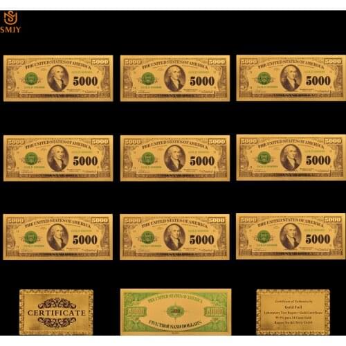 10cs/Lot 1918 USA Currency Paper 5,000 Dollar In 24k Gold Plated Banknote Collections And Holiday Gift