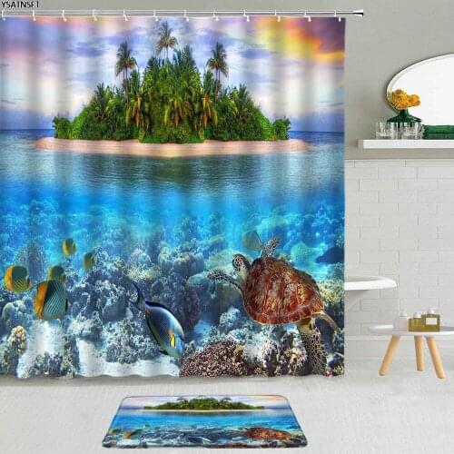 2Pcs Ocean Animal Shower Curtain Underwater World Sea Turtle Tropical Plant Fabric Non-Slip Bath Mat Bathroom Curtains Decor Set