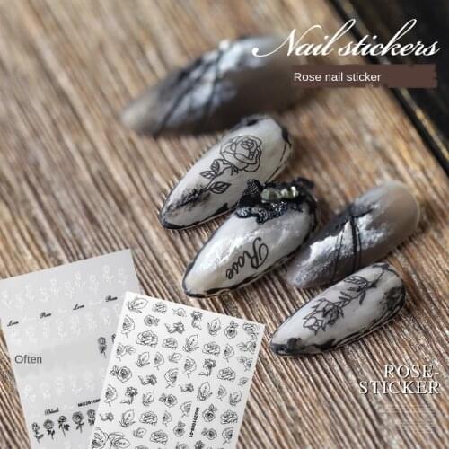 1pcs New 3D Nail Stickers Rose Black and White Nail Decal Design Glue Decal Nail Decoration