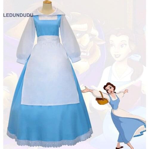 Anime Beauty and the Beast Belle Maid Dress Cosplay Costumes Women Fancy Party Blue Dress Full Set