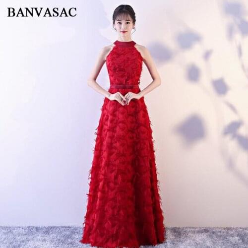 BANVASAC 2018 Halter Feathers Off The Shoulder A Line Long Evening Dresses Vintage Lace Bow Sash Party Prom Gowns