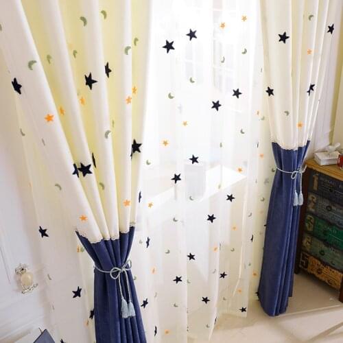 Kids Curtains Embroidery Star Moon Contracted Contemporary Stitching Window Curtains for Children Bedroom Screening Baby Room