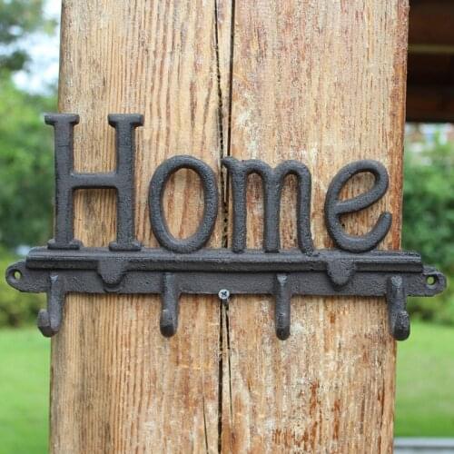 European Farm House Accents Handmade Antique Black Home Letters Signs Cast Iron Wall Mounted Hook With Four Hangers Metal Racks
