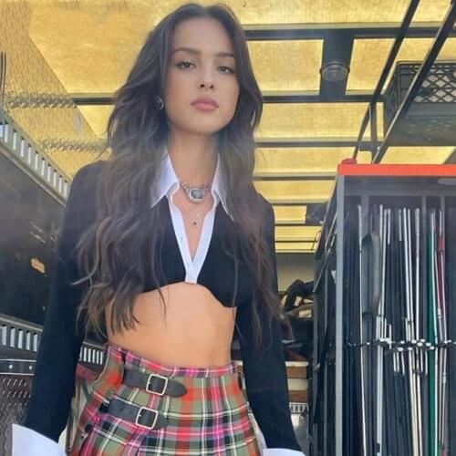 Y2K T-Shirt Women Patchwork Long Sleeve Tops Buttons Polo Neck Skinny Stretchy Tees Fashion Streetwear Autumn Clothes