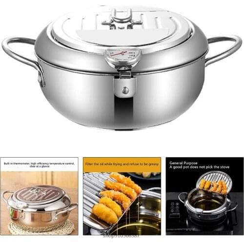 Deep Frying Pot Tempura Fryer Pan with Thermometer Lid Stainless Steel Oil Drainer Wire Rack Kitchen Fried Cooking Tool Dropship