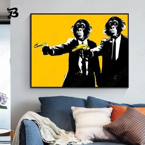 Canvas Painting Funny Graffiti Monkeys with Banana Gun Wall Art Canvas Poster Print Decorative Picture for Living Room Unframed