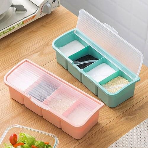 4 Grids Seasoning Storage Box With Spoons Kitchen Spice Storage Container Condiment Jars For Spice Sugar Salt