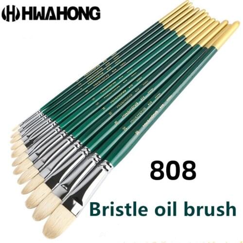 Korea Huahong Bristle Oil Painting Pen Flat Round Head Tongue Shaped Acrylic Pen Water Powder Pen Solid Wood Stick Hard Pen 808