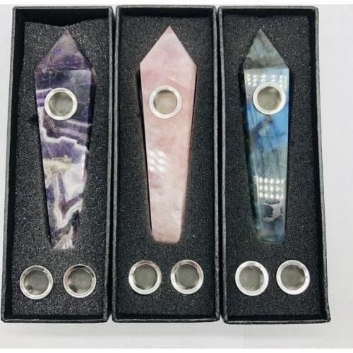 Natural crystal wand gemstone pipe Rose quartz smoky pipe Rod Treatment Amethyst Point Smoking tube Health energy stone