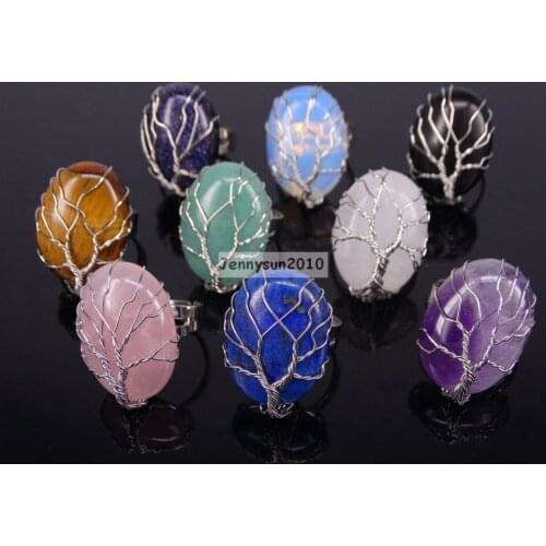 Natural Gems Stone Oval Wire Wraped Tree of Life Adjustable Ring Reiki Chakra Jewelry 10Pcs/Pack