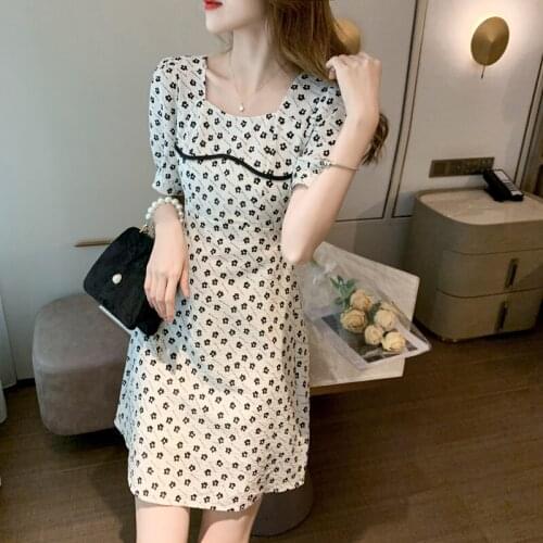 French Style Vintage Print Dress Women Fashion Puff Sleeve Floral Dresses Ladies Elegant Square Collar Clothes Female