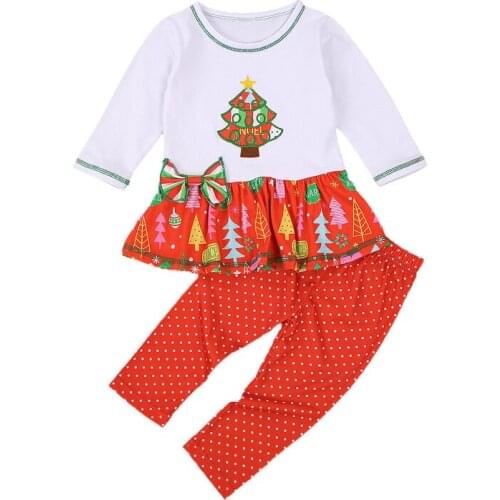 Christmas 2 Pcs Baby Top Pants Suit Skirt-like Christmas Tree Printed Patchwork Bow Decorated Round Neck Top Polka Dot Pants