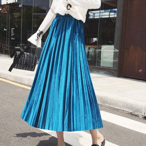 Chic Women Solid Color Elastic Waistband Pleated Velvet Large Swing Long Skirt Women Long Skirt Women Long Skirt Women Long Skir