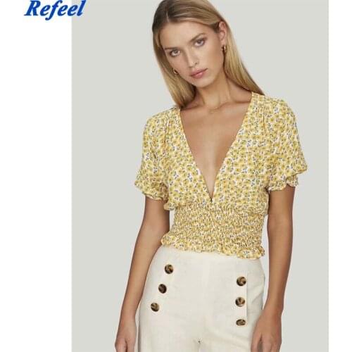 Chic Vintage Sunflower Print Yellow Cropp Top Elastic Waist blusas Camis V Neck Blusa Feminina drop shipping