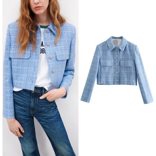 Za Fashion 2021 Women Blazer Plaid Pockets Office Lady Short Jackets Spring Elegant Single Button Blazer Casual Mujer Outwear