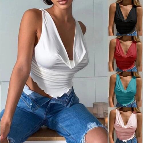 Womens Basic Tank Top Sexy V-Neck Sleeveless Backless Fashion Casual Stretchy Slim Fit Knit Crop Cami Top Solid Color Camisole