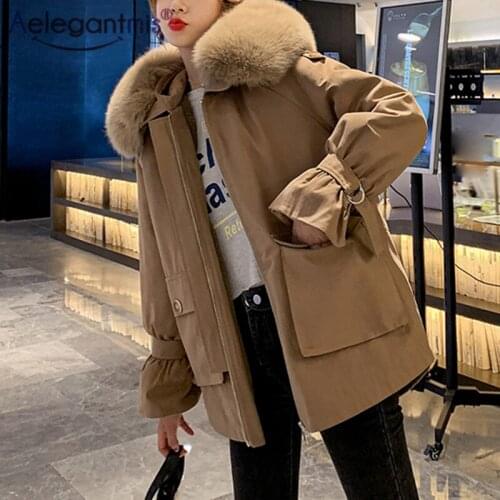 Aelegantmis Winter Thicken Warm Loose Parka Jacket Women with Fur Collar Oversized Korean Solid Causal Jacket Chic Pockets Coats
