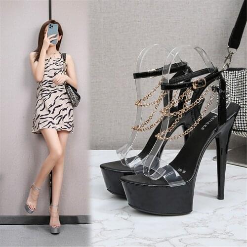 2021 Metal Decoration Platform Sandals Women Ankle Buckle Stilettos Female PVC Transparent Wedding Steel Pipe Dance Shoes 34-43