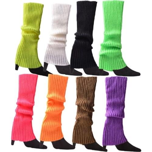 Women Vintage 80s Ribbed Knitted Leg Warmers Fluorescent Color Crochet Long Boot Socks Stockings for Party Dance Yoga