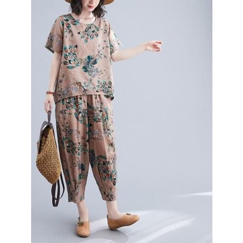 Thin Soft Cotton Linen Loose Summer Sets 2021 New Arrival Tops Harem Pants Two Piece Vintage Women Clothes Set Casual Set Suits