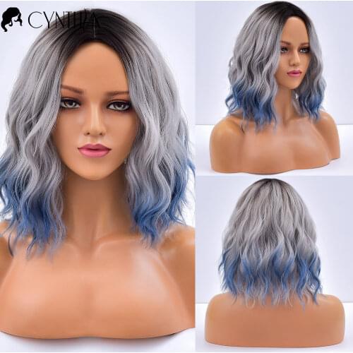 Womens Daily Short Gray To Blue Ombre Colored Wave Natural Hair Synthetic Wig For Women Fibre Cosplay Wavy Wigs
