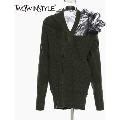 TWOTWINSTYLE Mesh Patchwork Ruffle Sweater For Women V Neck Long Sleeve Knitted Pullovers Female Fashion New Clothing 2020 Tide