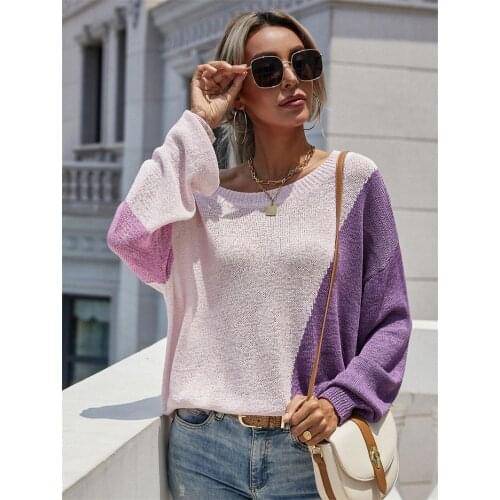 Fashion Autumn Splicing Color Knitted Sweaters Long Sleeve O-Neck Tops Loose Cardigan Womens Sweater 2021