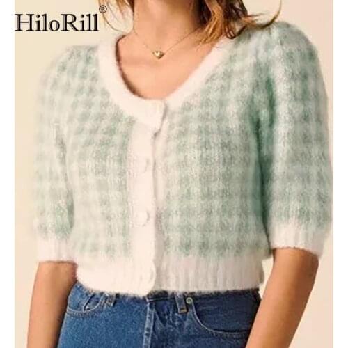 HiloRill Women Fashion Patchwork Knitted Cropped Cardigan Elegant Half Sleeve Short Mohair Sweater Chic V Neck Ladies Tops