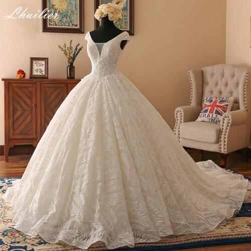 Lhuilier Womens A-Line V-Neck Lace Wedding Dresses 2020 Crystal Beaded Sleeveless Floor Length Bridal Gowns Chapel Train