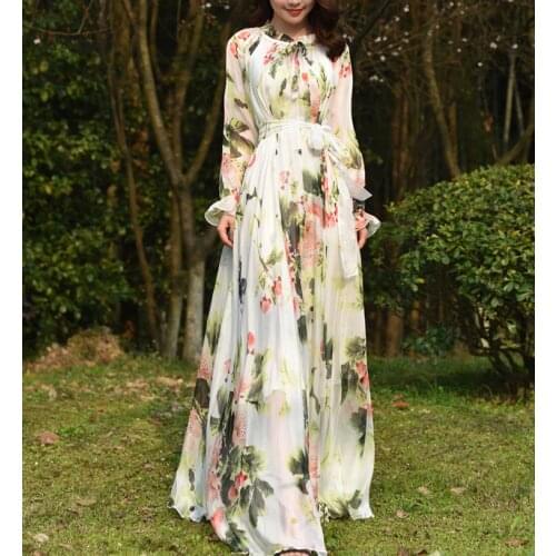 Floral Printed Maxi Dress Womens Sundress 2021 Abaya Dubai Hijab Chiffon Muslim Dresses New African Turkey Islam Kaftan Robe